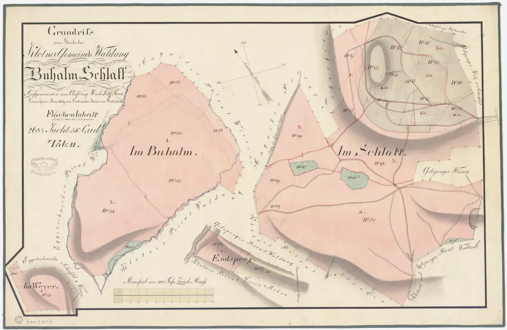 Kloten: Gemeinde- und Genossenschaftswaldungen: Gemeindewaldungen Buehalm (Buhhalm), Schlatt, Äntschberg (Endsperg), Weier (Weyer); Grundrisse (Tab. II)