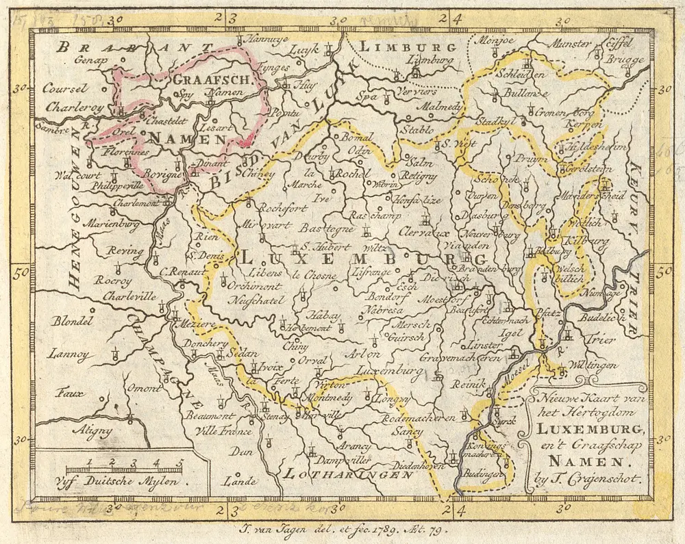 Nieuwe Kaart van het Hertogdom Luxemburg en't Graafschaft Namen. [...] [Karte], in: Zak-Atlas, of Leidsman des Reizigers, S. 68.