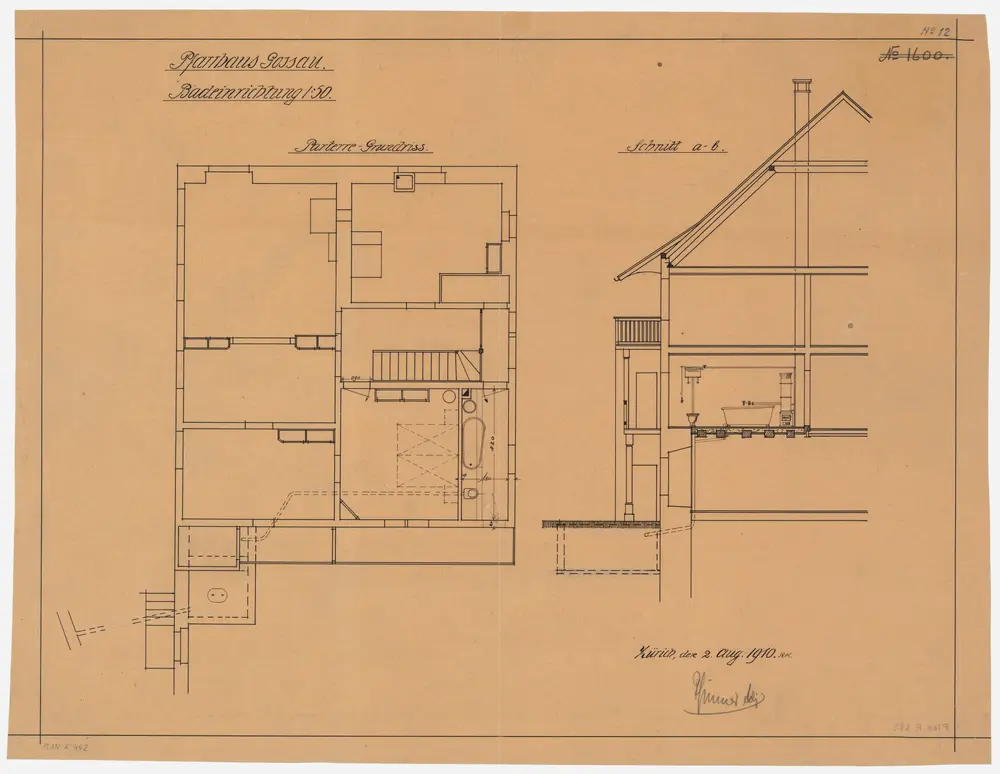 Gossau: Pfarrhaus, Badezimmereinrichtung; Grundriss des Erdgeschosses und Querschnitt (Nr . 12)