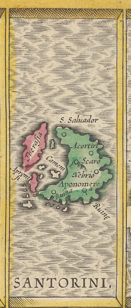 Candia cum Insulis aliquot circa Graeciam[:] [Santorini.] [Karte], in: Gerardi Mercatoris et I. Hondii Newer Atlas, oder, Grosses Weltbuch, Bd. 2, S. 336.