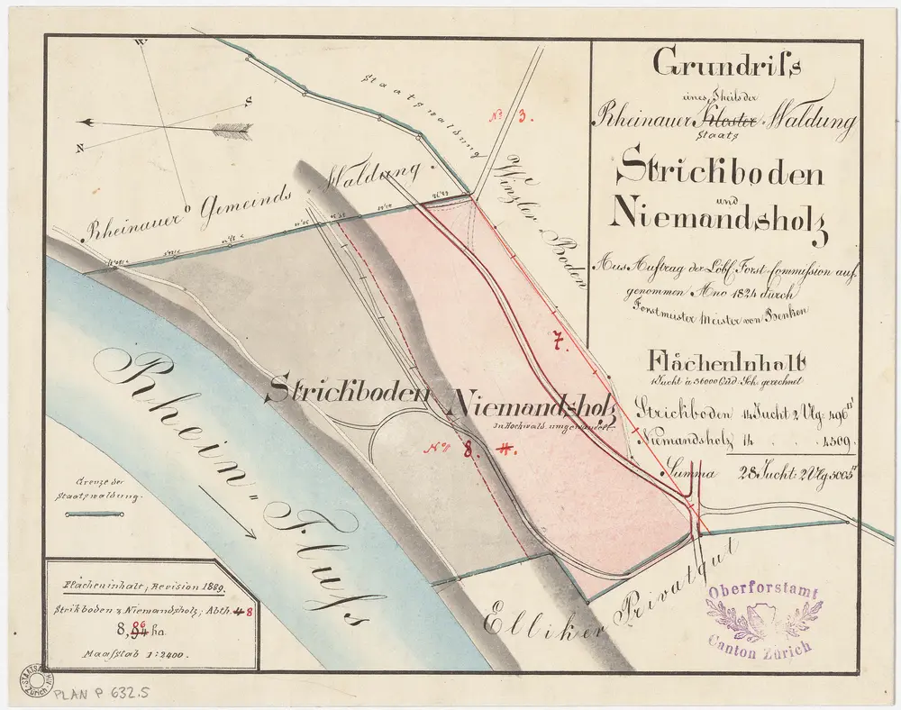 Rheinau: Gemeinde-, Kloster-, Genossenschafts- und Staatswaldungen: Klosterwaldungen bzw. Staatswaldungen Strickboden, Niemandsholz; Grundriss