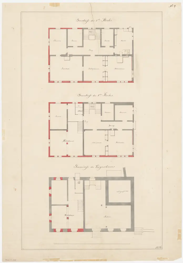 Dällikon: Pfarrhaus, Keller, 1. Stock und 2. Stock; Grundrisse (Nr. 9)