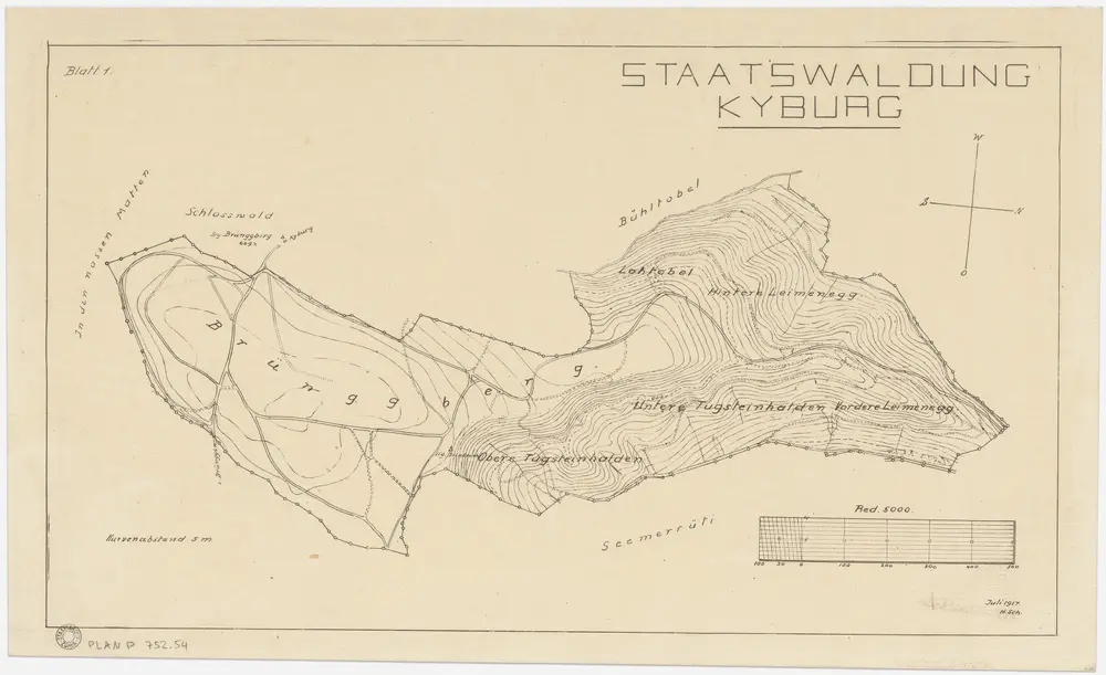 Kyburg, Töss, Illnau-Effretikon (damals Illnau), Schlatt: Staatswaldung: Kyburg: Lootobel (Lohtobel), Hintere und Vordere Leimenegg, Untere und Obere Tutschgenhalden (Tugsteinhalden), Brünggberg, Schlosswald; Grundriss (Blatt 1)