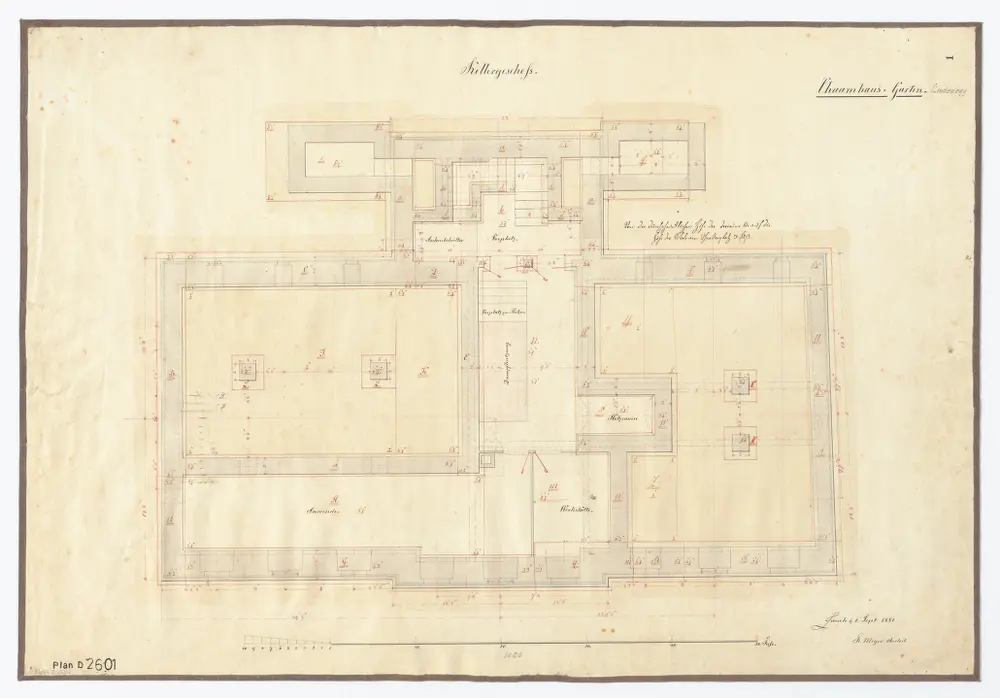 Haus Lindenegg (ehemaliger Chamhaus-Garten), Untere Zäune 2, Seidenbetrieb von Herrn Wild-Nägeli: Kellergeschoss; Grundriss