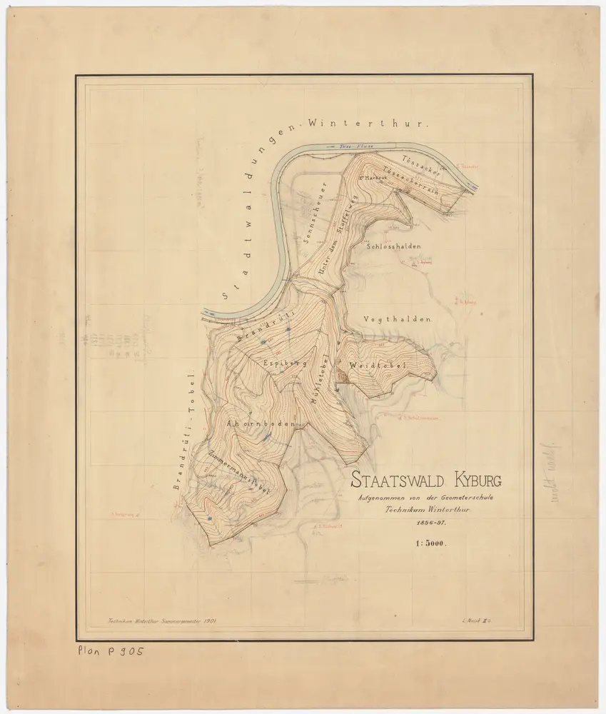 Kyburg: Staatswaldungen Zimmermannstobel, Ahornboden, Espi (Espiberg), Mülitobel (Mühletobel), Weidtobel (Waidtobel), Brandrüti, Unter dem Staffelweg, Sennschür (Sennscheuer), Maregg (Marseck), Tössackerrain; Grundriss