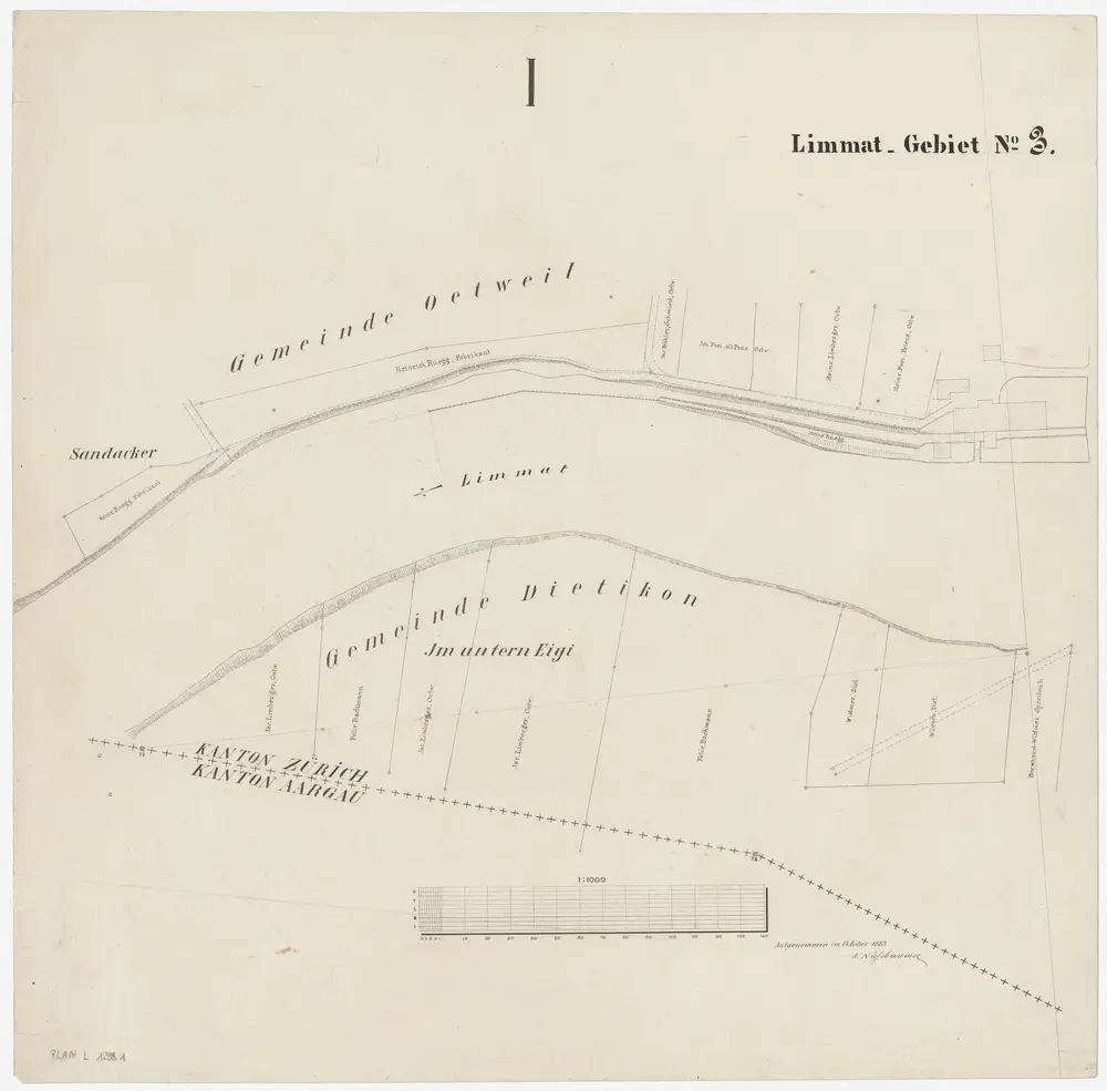Schlieren bis Würenlos AG: Limmat von oberhalb der Grenze zwischen Schlieren und Dietikon bis zur linksufrigen Grenze zwischen den Kantonen Zürich und Aargau: Blatt 1: Dietikon und Oetwil an der Limmat: Bei Im unteren Eigi; Situationsplan (Limmat-Gebiet Nr. 3)