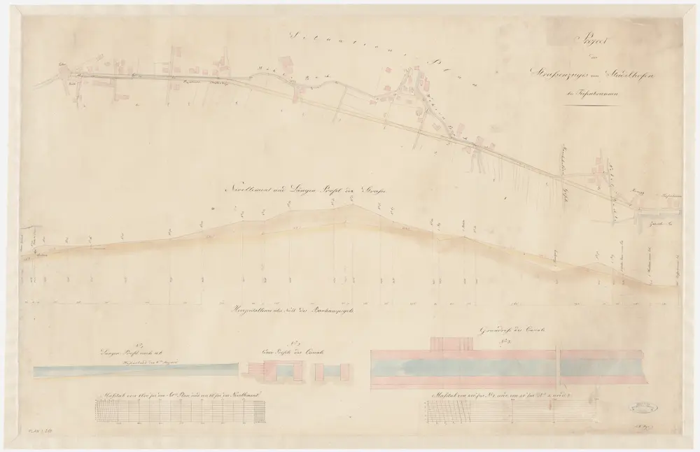 Riesbach: Projektierte Seefeldstrasse und Kanal von Stadelhofen bis Tiefenbrunnen; Situationsplan und Längsprofile, Querschnitt und Grundriss