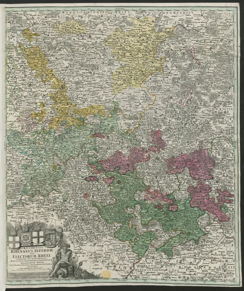 S. R. I. circulus Rhenanus inferior sive electorum Rheni, complectens tres archiepiscopatus, Moguntinum, Coloniensem et Trevirensem, palatinatum Rheni, Comit. Beilstein Newenaer, Inf. Isenberg et Reiferscheit.