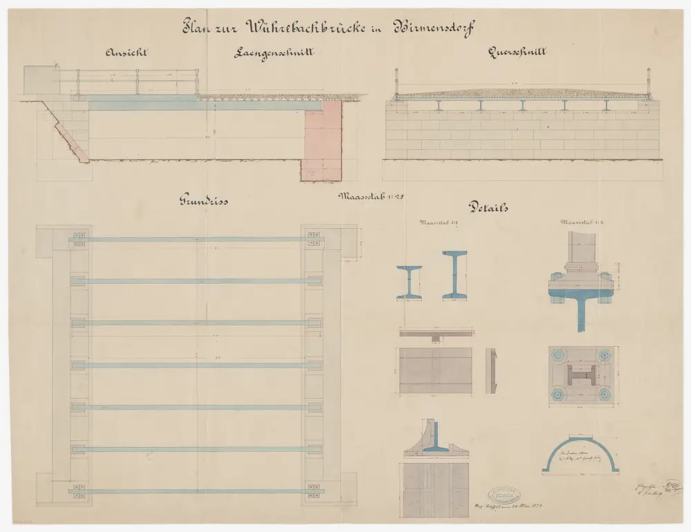 Birmensdorf: Eiserne Brücke über den Wührenbach; Seitenansicht, Grundriss und Schnitte