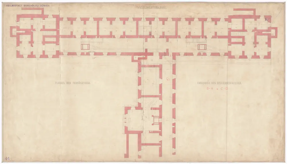 Irrenanstalt Burghölzli: Frauenabteilung; Flügel der Tobsüchtigen, Kellgergeschoss; Grundriss