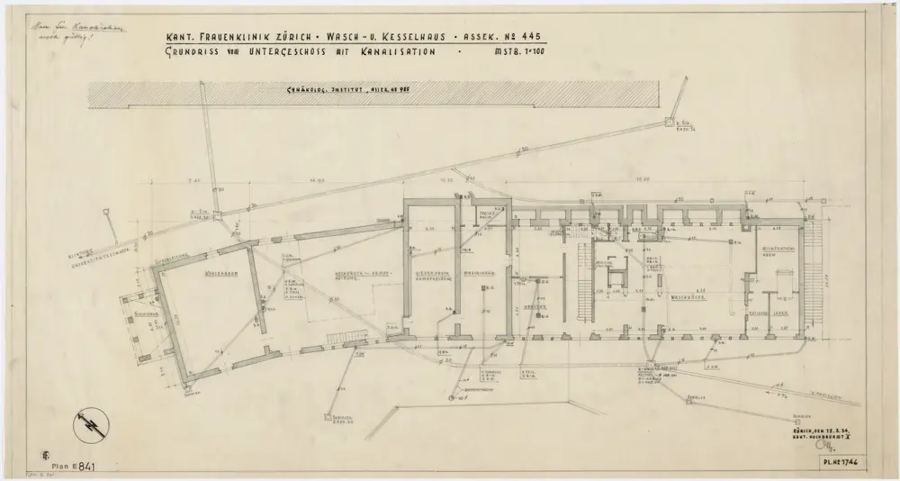 Zürich: Kantonsspital, Frauenklinik, Wasch- und Kesselhaus, Untergeschoss mit Kanalisation; Grundriss