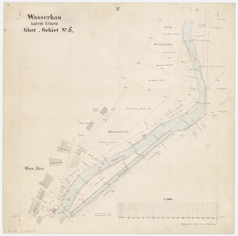 Rümlang bis Bülach: Glatt von der Mühle in Rümlang bis zum Zieglenwehr in Bülach; Grundrisse (Glatt-Gebiet Nr. 8): Blatt V: Glatt bei den Hauswiesen in Höri-Oberhöri; Grundriss (Glatt-Gebiet Nr. 8)
