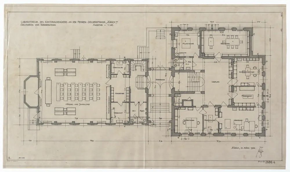 Laboratorium des Kantonschemikers, Fehrenstrasse 15: Grundrisse und Längsschnitt: Erdgeschoss; Grundriss