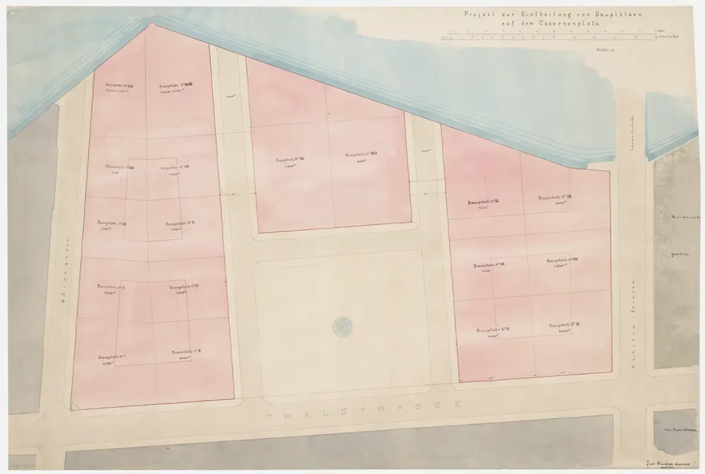 Zürich: Alte Kaserne, Einteilung von projektierten Bauplätzen auf dem Kasernenplatz; Grundriss