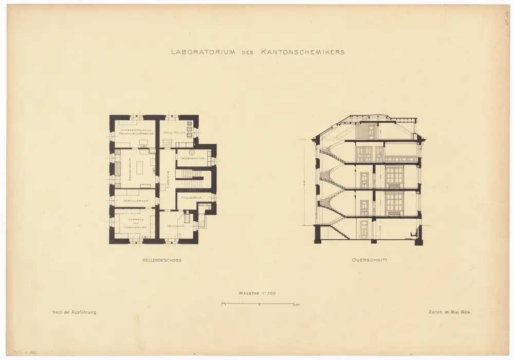 Laboratorium des Kantonschemikers: Grundriss (Keller) und Querschnitt (Nr. 101)