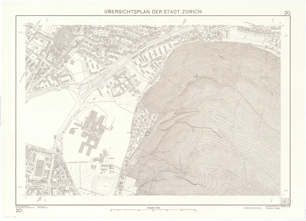 Übersichtsplan der Stadt Zürich in 57 Blättern, Blatt 20: Teil von Unterstrass vom Berninaplatz bis zum Milchbuck sowie Teil des Zürichbergs bei Schwamendingen und Oberstrass