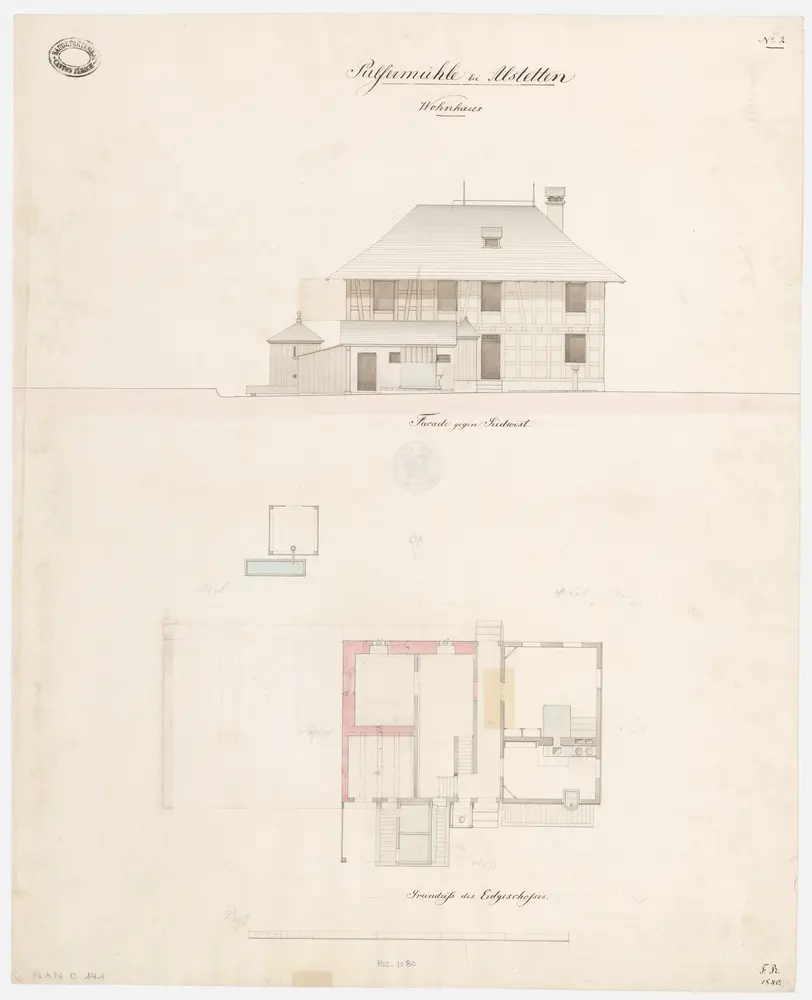 Altstetten: Wohnhaus bei der Pulvermühle; Südwestansicht und Grundriss des Erdgeschosses (Nr. 2)