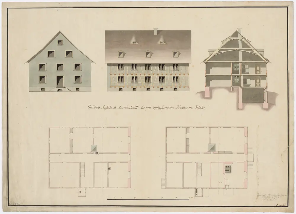 Wollishofen: Geplanter Höckler-Hof; Ansichten, Grundrisse und Schnitt