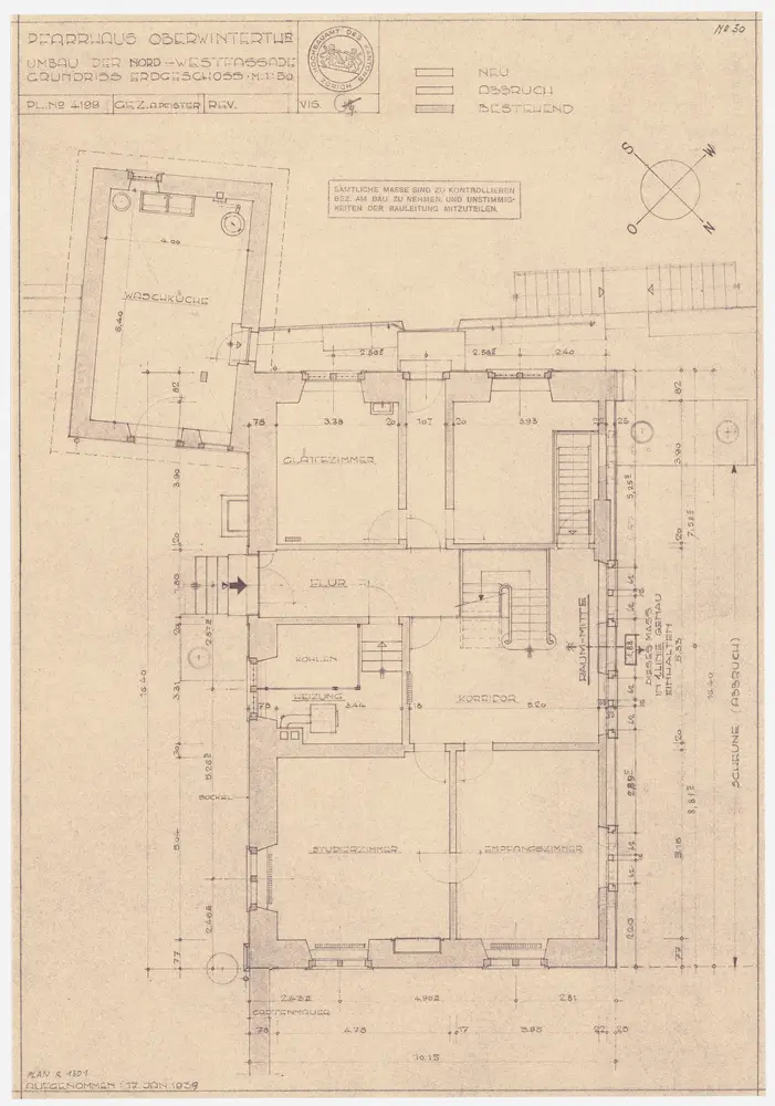 Oberwinterthur: Pfarrhaus, projektierter Umbau der Nordwestfassade, Erdgeschoss (Variante 2); Grundriss (Nr. 30)