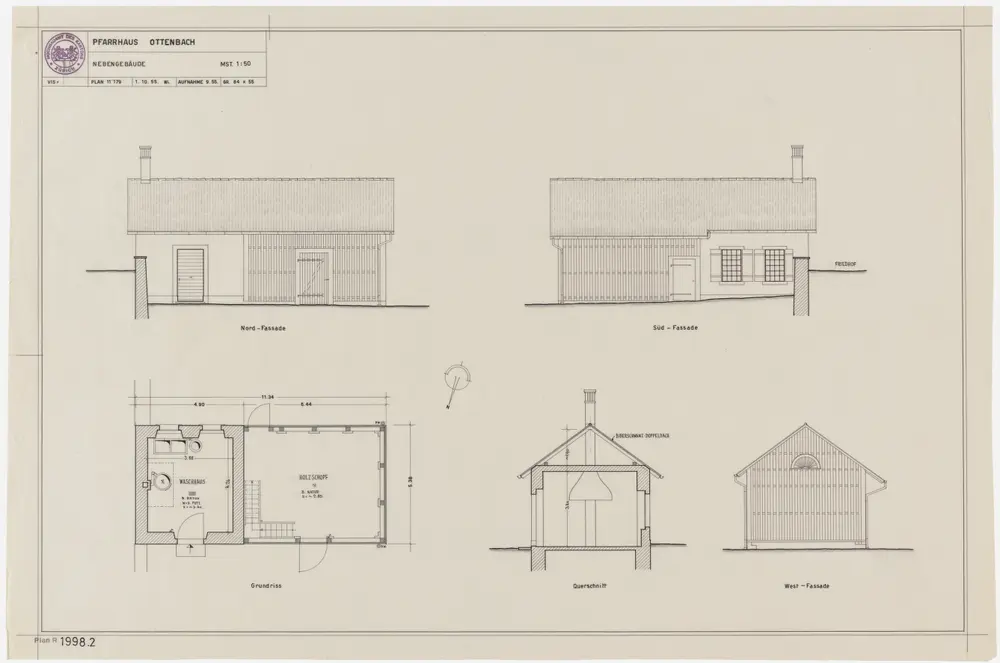 Ottenbach: Pfarrhaus und Umgebung: Nebengebäude; Grundriss, Querschnitt, Nord-, Süd- und Westansichten