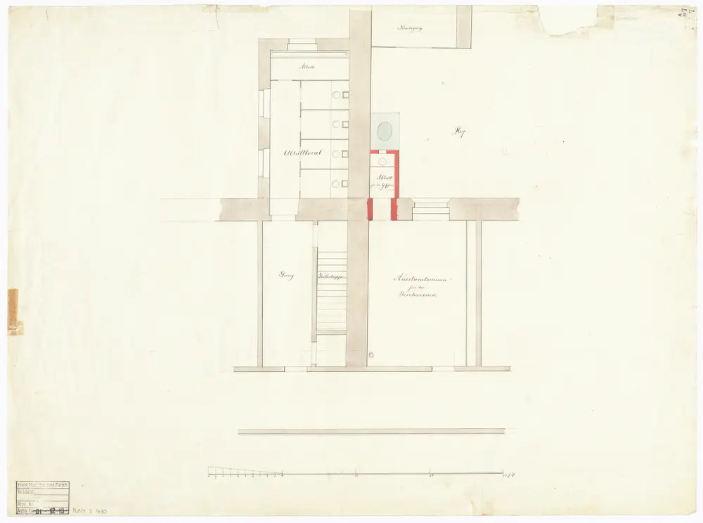 Obmannamt: Gang, Kellertreppe, Hof, Abtrittlokalität, Anstandszimmer für die Geschworenen; Grundriss