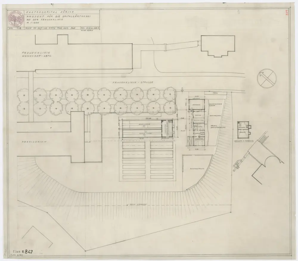 Zürich: Kantonsspital, Frauenklinik, Projekt für Spitalgärtnerei; Grundriss