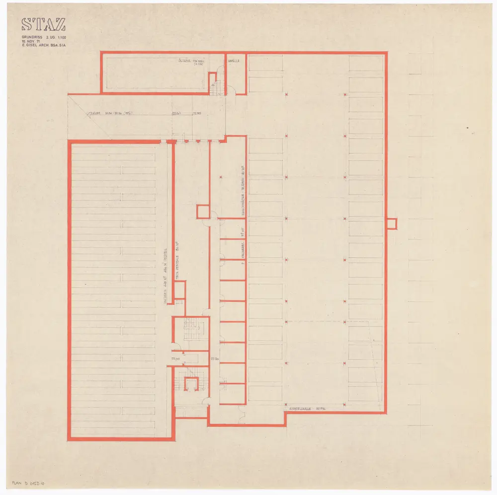 Staatsarchiv des Kantons Zürich, projektierter Neubau zwischen Zeltweg, Wettingerwies und Promenadengasse: Grundrisse und Schnitte: 2. Untergeschoss; Grundriss