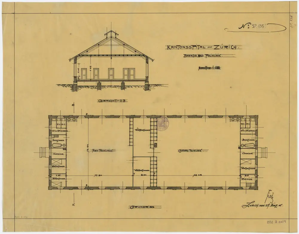 Zürich: Kantonsspital, Baracke der medizinischen Poliklinik; Grundriss und Querschnitt