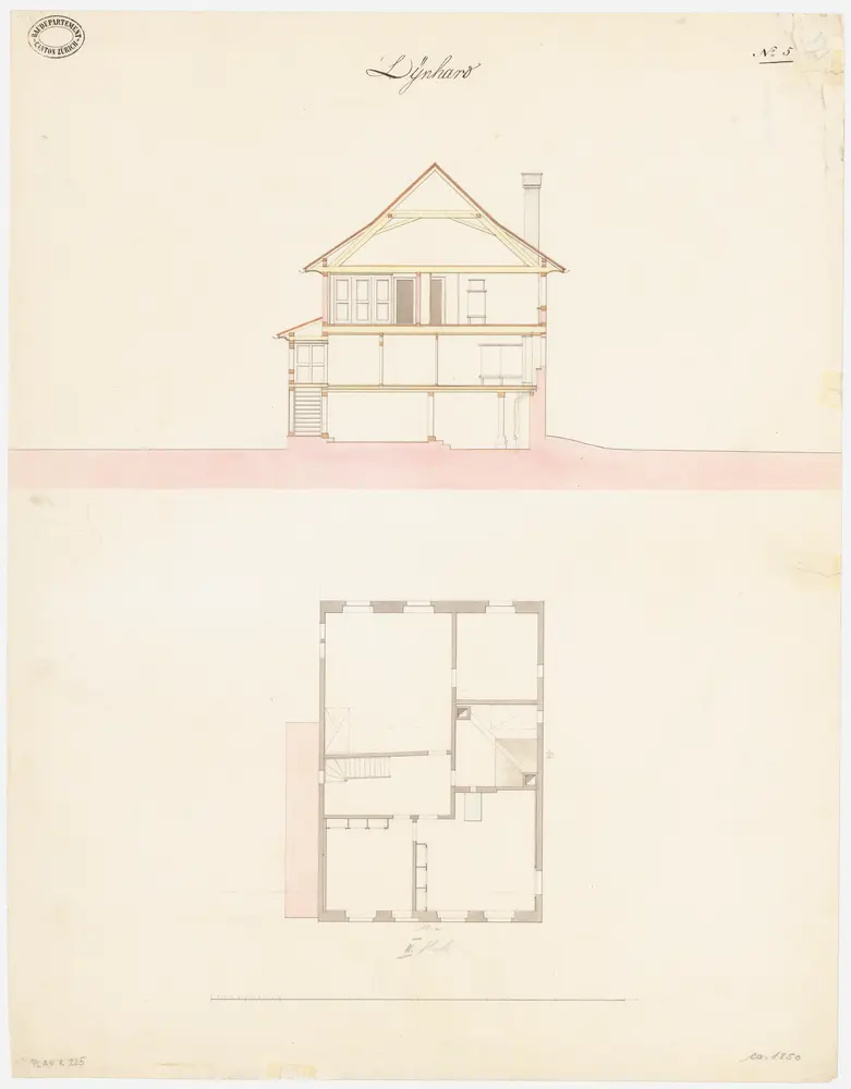 Dinhard: Pfarrhaus; Querschnitt und Grundriss des 2. Stocks (Nr. 5)