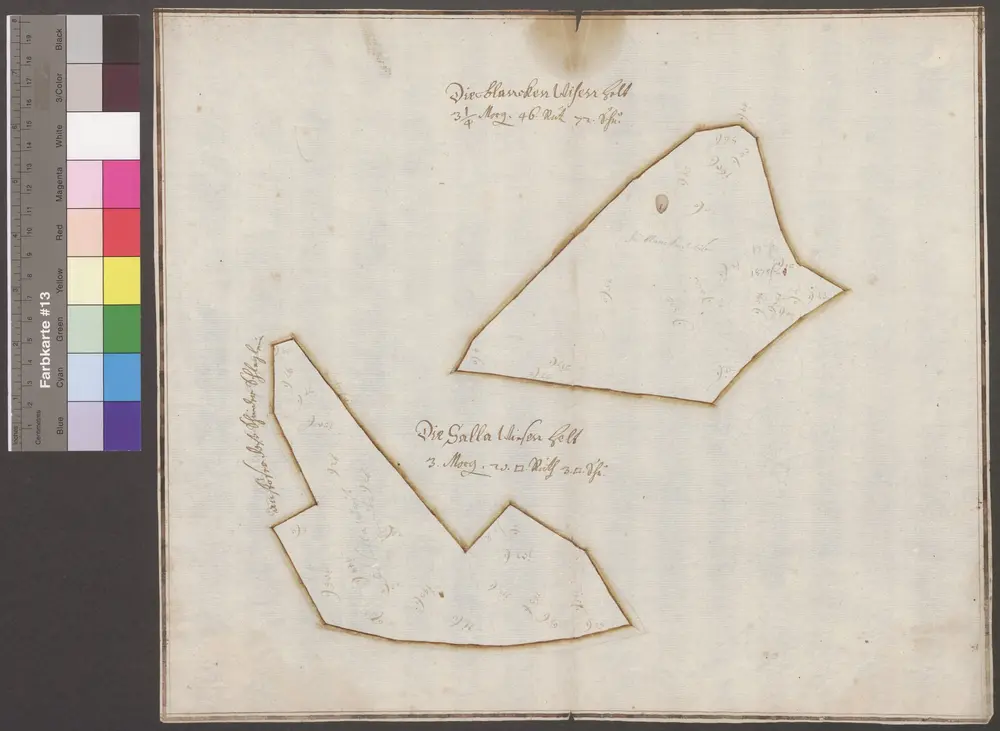 HZAN GA 100_Nr. 149_ : Ingelfingen; [Wiesenkarte], "Die Blankenwiese", "Die Sallenwiesen";[J.C. Leyser];ohne Maßstab;38,5 x 32,5 cm;Papier; Federzeichnung; Grenzen in Wasserfarben; Einteilung der Wiesen in Rechtecke und Dreiecke.