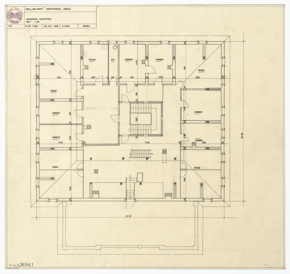 Haus Belmont, Rämistrasse 67: Grundrisse: Dachstock; Grundriss