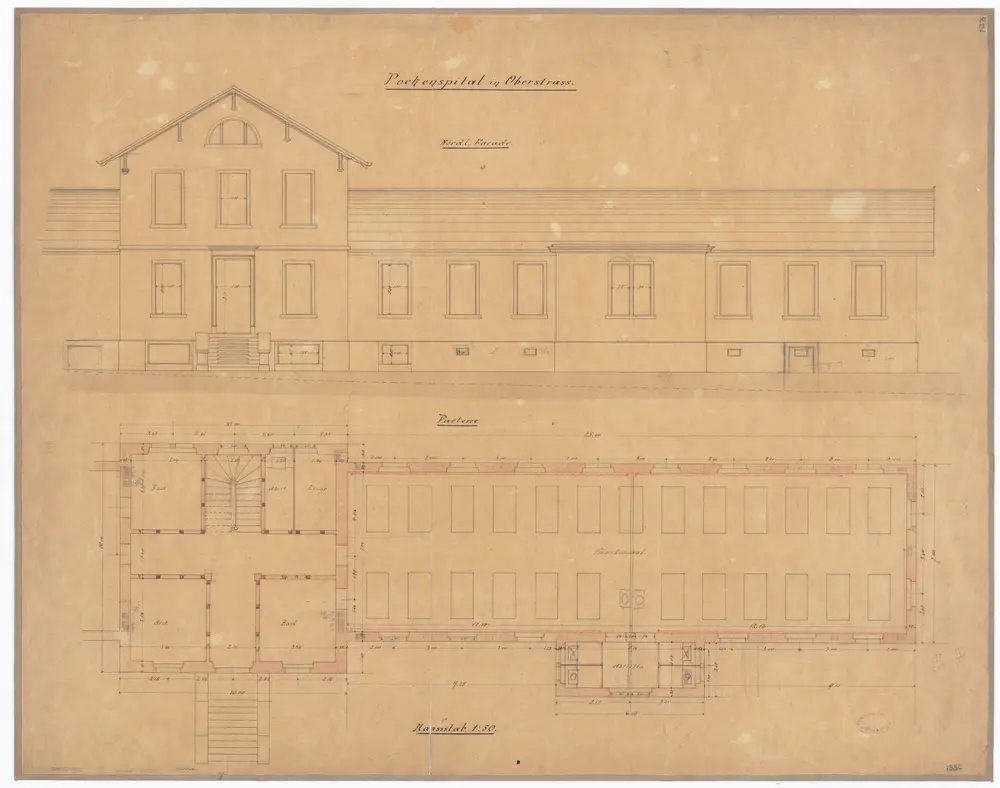 Pockenspital Oberstrass: Nordansicht und Grundriss (Erdgeschoss)