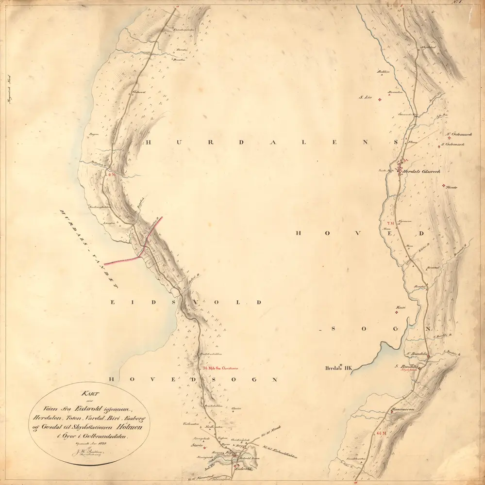 Kartblad 1: Kart over Veien fra Eidsvold til Gausdal og til Skydsstationen Holmen i Øyer