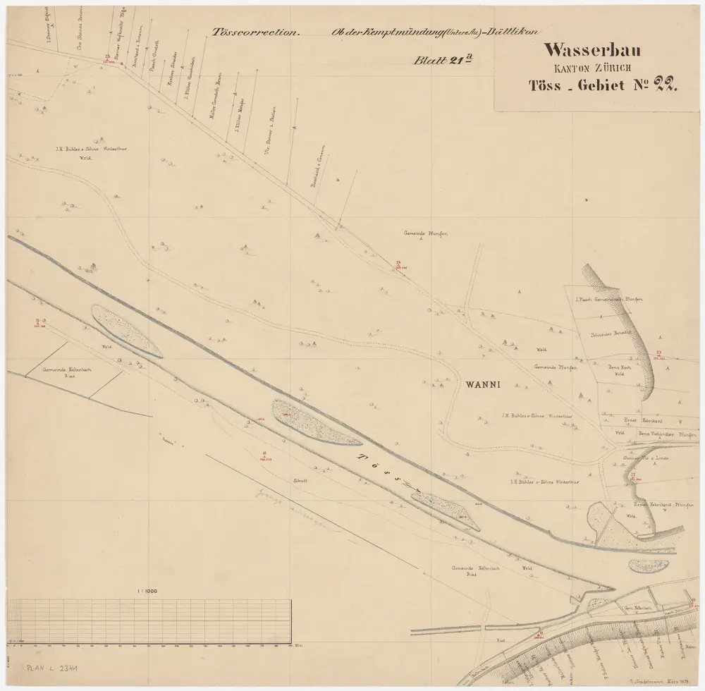 Pfungen, Neftenbach: Bei Wani, Tösskorrektion; Situationsplan (Töss-Gebiet Nr. 22, Blatt 21 a)