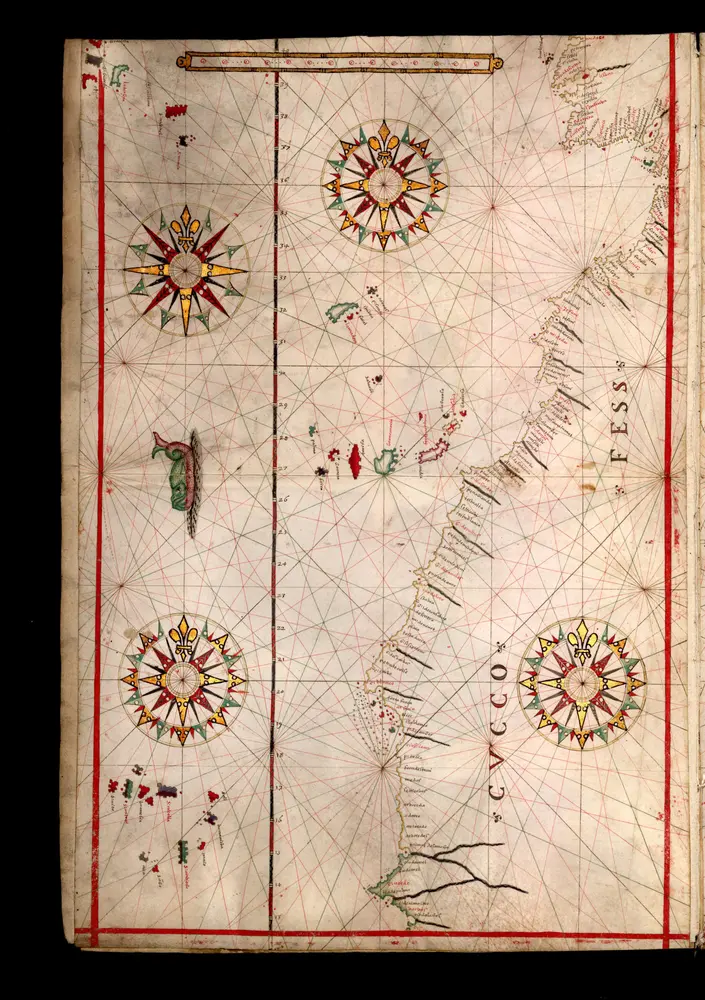 Speculum nauticum super navigatione maris Occidentalis confectum, continens omnes oras maritimas Galliae, Hispaniae et praecipuarum partium Angliae, in diuersis mappis maritimis comprehensum una cum usu et interpretatione carundem, accurata diligentia concinnatum, et elaboratum., mapa ze strany: [8]