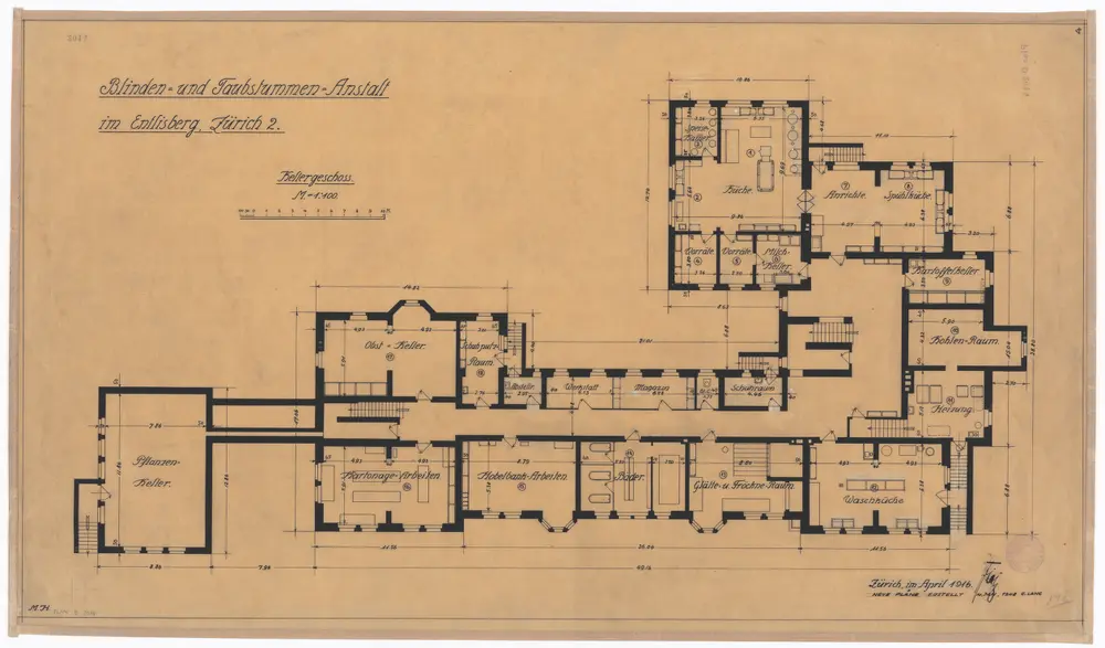 Blinden- und Taubstummenanstalt Entlisberg: Kellergeschoss; Grundriss
