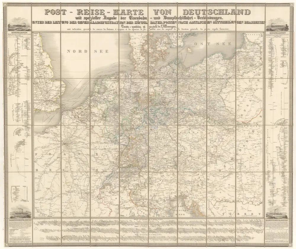 Post-Reise-Karte von Deutschland mit spezieller Angabe der Eisenbahn- und Dampschiffahrt- Verbindungen