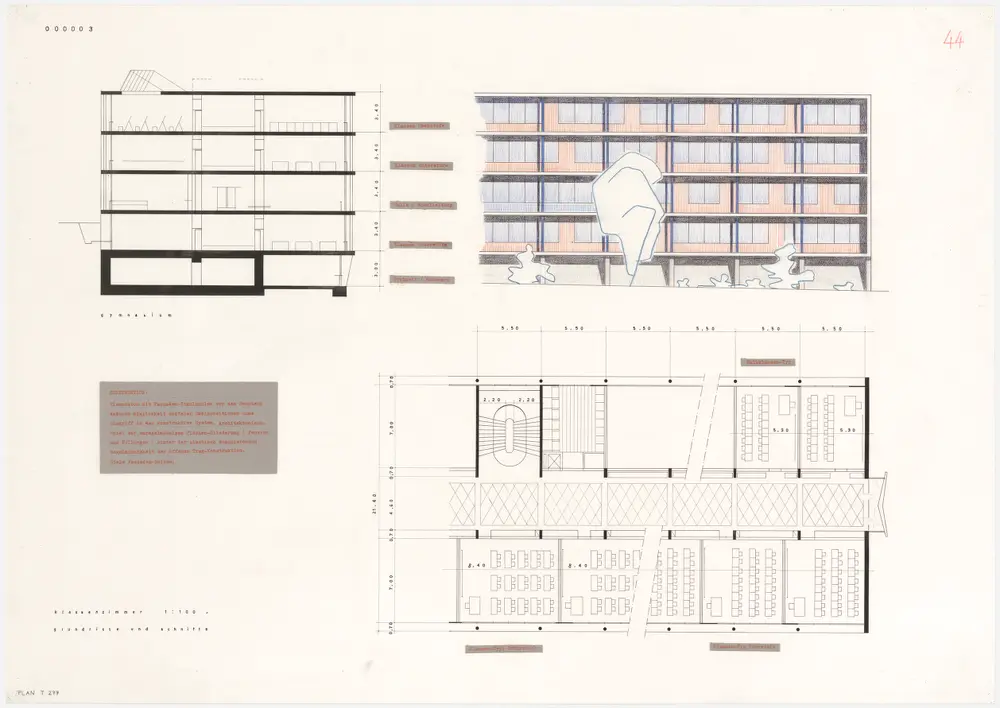 Zürich: Kantonsschule Freudenberg; Projekt 000003; Grundriss, Ansicht und Schnitt