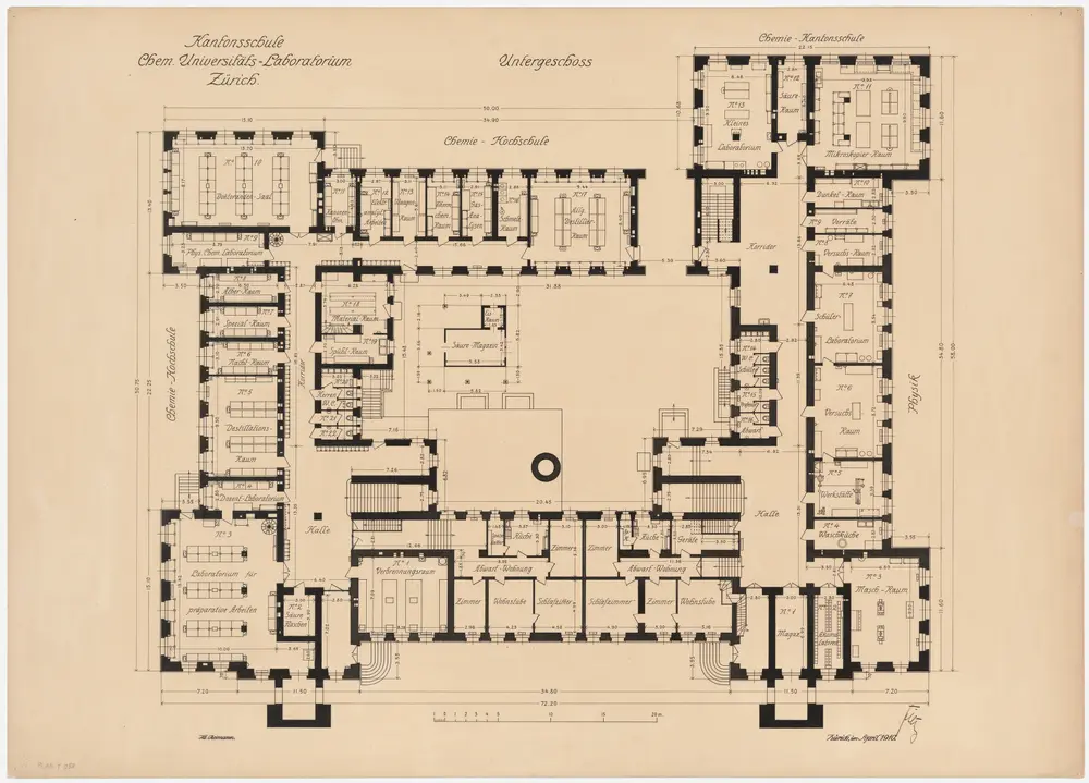 Zürich: Kantonsschule und Chemisches Institut der Universität; Projektausführung; Untergeschoss; Grundriss