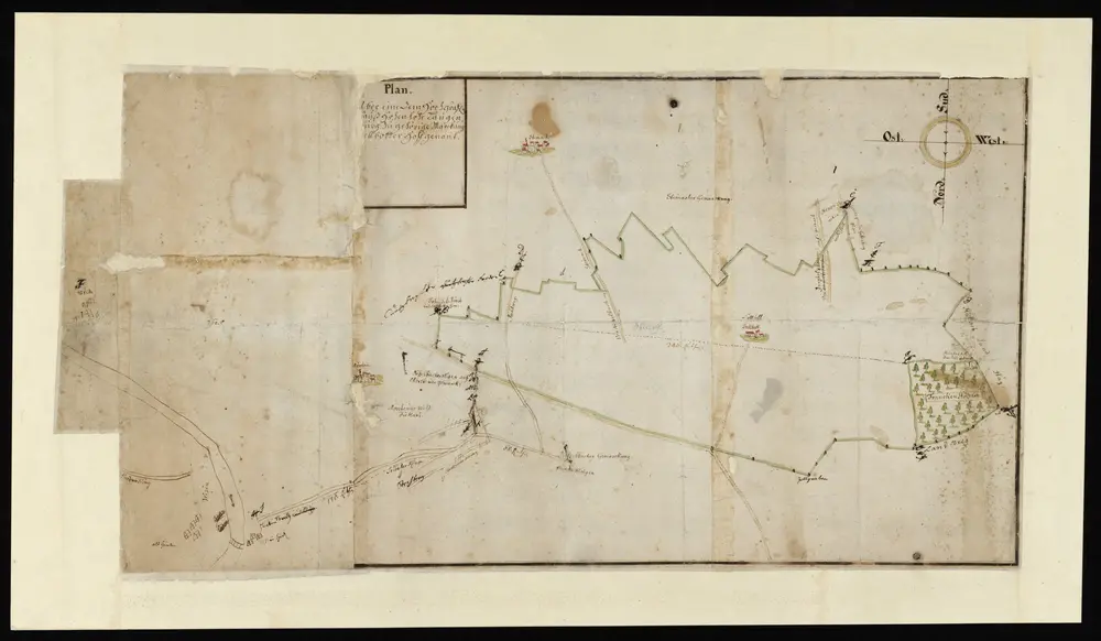 HZAN GA 100_Nr. 382_ : Söllbot (Kr. Crailsheim); "Plan über eine dem hochgräflichen Haus Hohenlohe-Langenburg zugehörige Markung, Söllboter Hof genannt";ohne Verfasser;ohne Maßstab [12 cm = 1 km];84 x 42 cm; Norden unten;Kartenrand: Ortschaft Steinach - Ortschaft Morstein;Papier; Federzeichnung; Grenzen und Wald in Wasserfarben; Grenzsteine angegeben.