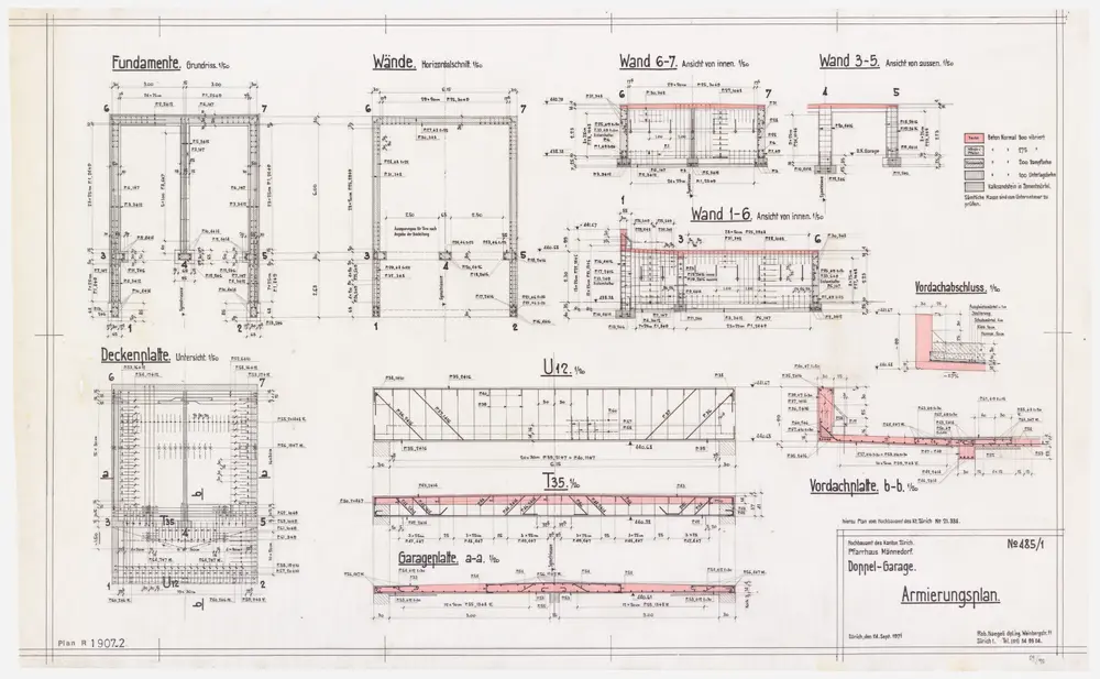 Männedorf: Pfarrhaus, Einbau einer überdeckten Doppelgarage: Armierungen; Grundrisse und Querschnitte