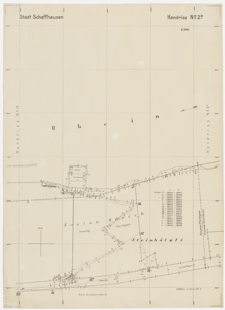 Grenze zwischen den Kantonen Zürich und Schaffhausen beim Rhein von Neuhausen SH bis Büsingen (Deutschland): Beim oberen Turbinenhaus; Grundriss (Nr. 2 a, Punkte 5 b - 7)