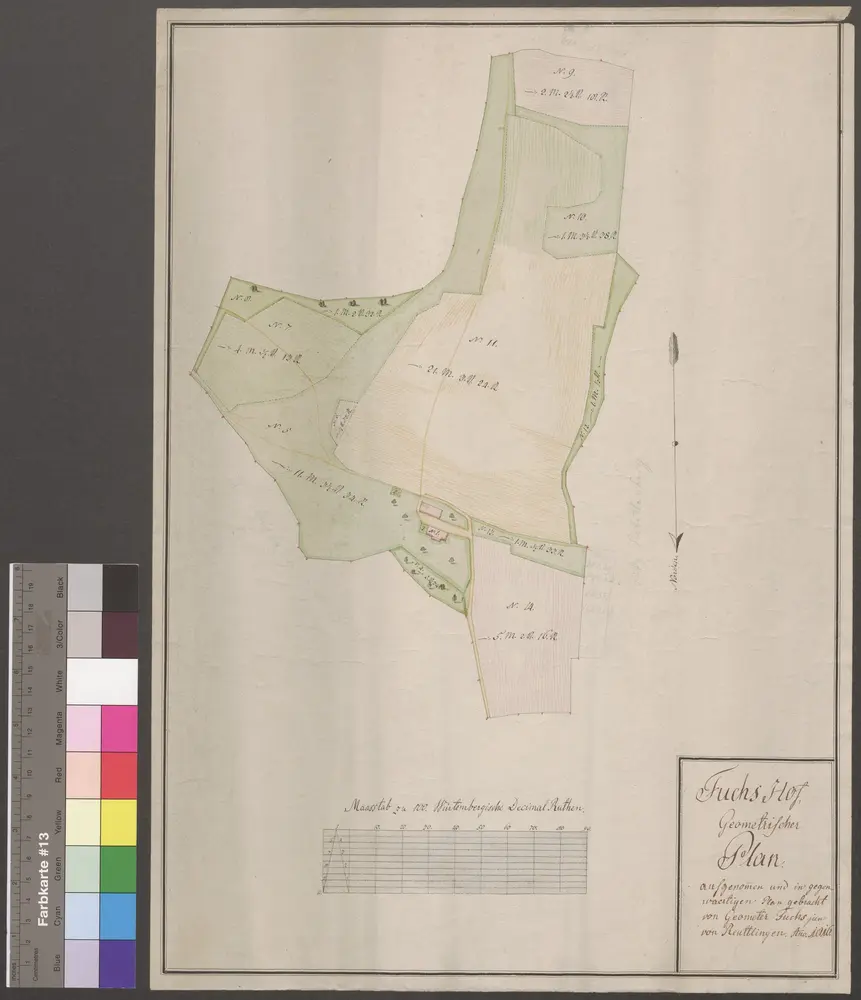 HZAN GA 100_Nr. 78_ : Fuchshof (Kr. Crailsheim); "Geometrischer Plan";Geometer Fuchs jun. aus Reutlingen;100 württembergische Dezimalruten = 11,5 cm;32,5 x 45,5 cm; Norden unten;Papier; Federzeichnung; Gebäude, Feld- und Waldstücke farbig hervorgehoben.