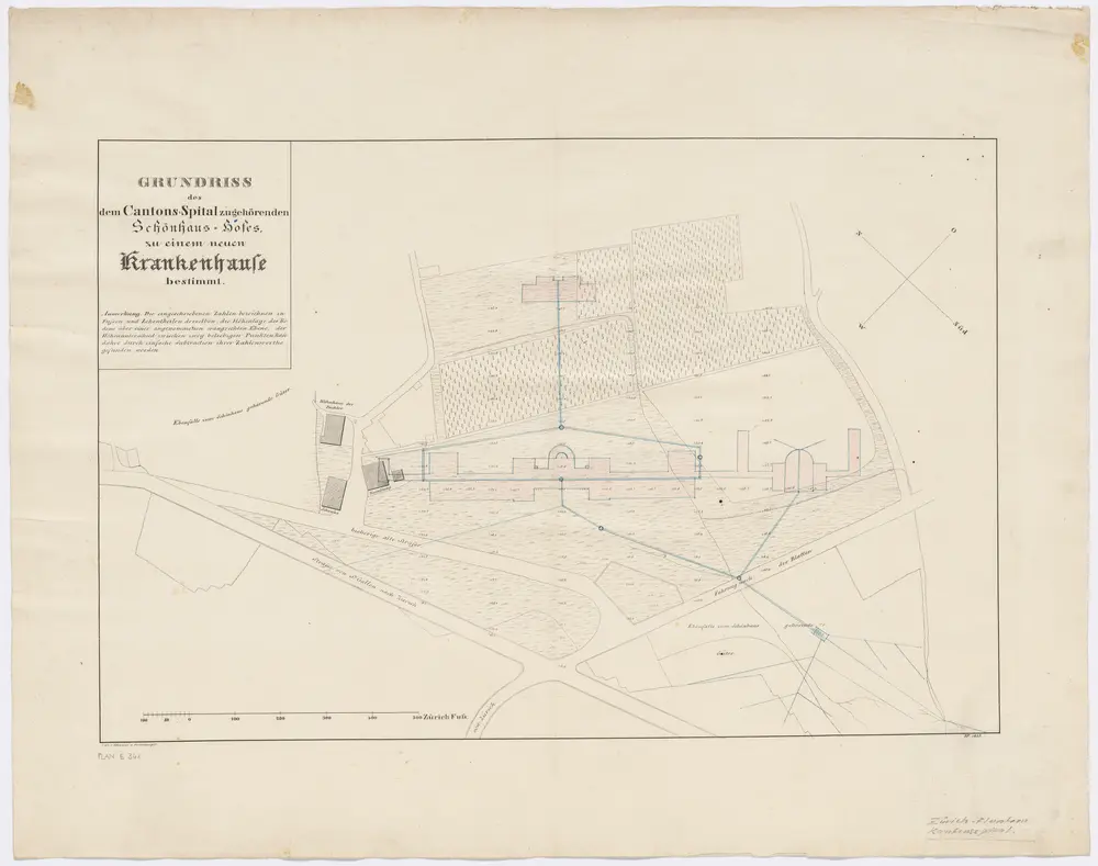 Fluntern: Zum Kantonsspital Zürich gehörender Schönhaus-Hof, mit projektiertem Krankenhaus; Grundriss