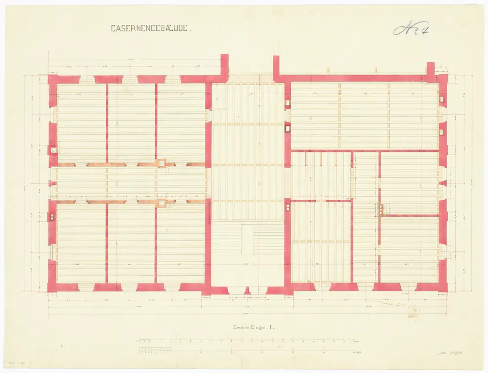 Projektierte Kaserne: Linker Flügel, 2. Stock; Grundriss