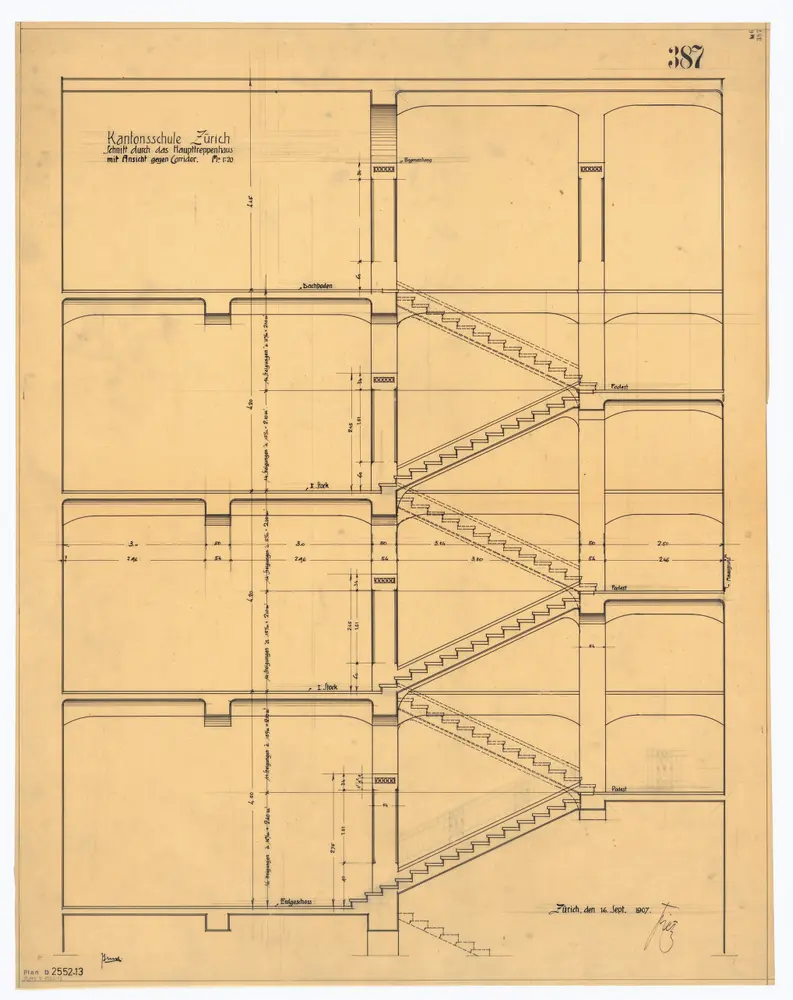 Universität Zürich (Chemisches Institut) und Kantonsschule Zürich, Neubau Rämistrasse 76: Treppenhäuser und Granittreppen: Haupttreppenhaus; Schnitt (Ansicht gegen den Korridor)