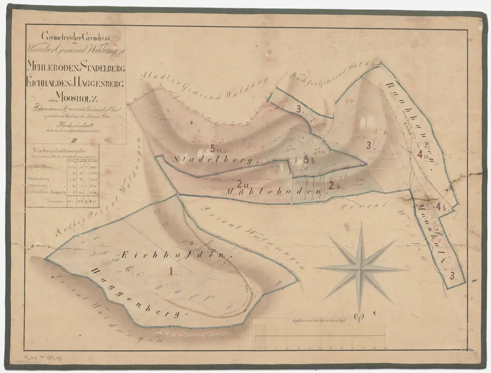 Weiach: Gemeindewaldung: Müliboden (Mühleboden), Stadlerberg (Stadelberg), Eichhalden, Haggenberg, Maas (Moosholz), Rauhusen (Rauhhausen); Grundriss (Tab. III)