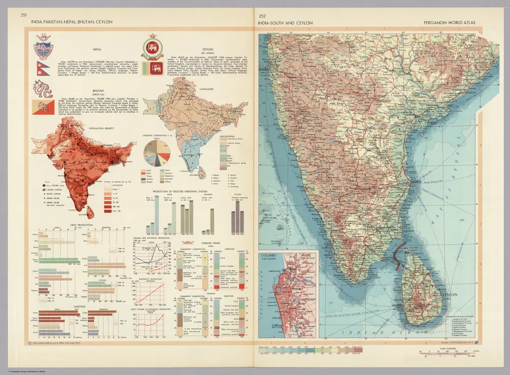 India, Pakistan, Nepal, Bhutan, Ceylon.  India-South and Ceylon.  Pergamon World Atlas.