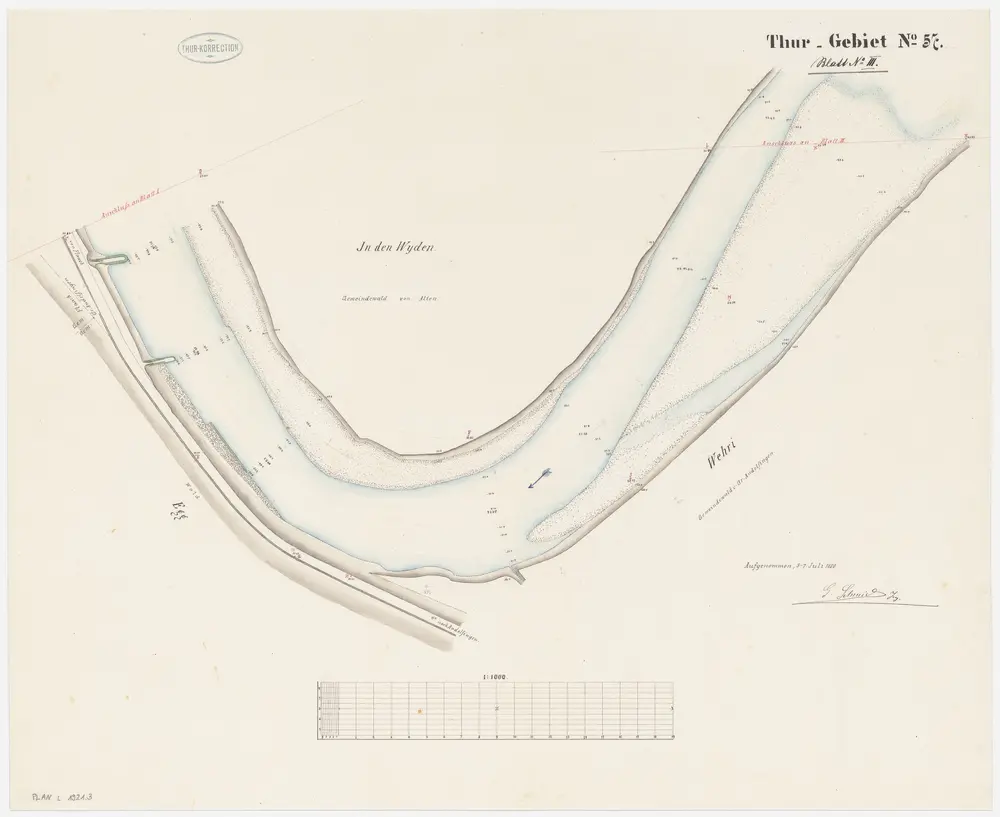 Andelfingen (damals Grossandelfingen), Kleinandelfingen, Flaach: Thur von oberhalb der Andelfinger Eisenbahnbrücke bis zur Einmündung in den Rhein, Thurkorrektion: Blatt III: Andelfingen (damals Grossandelfingen), Kleinandelfingen: In den Wyden, Thurkorrektion; Situationsplan (Thur-Gebiet Nr. 57)