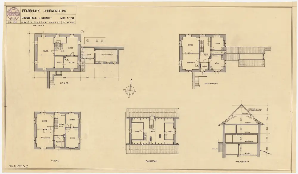 Schönenberg: Pfarrhaus mit Nebengebäuden und Gartenanlage: Pfarrhaus; Grundrisse des Kellers, des Erdgeschosses, des 1. Stocks und des Dachgeschosses und Querschnitt